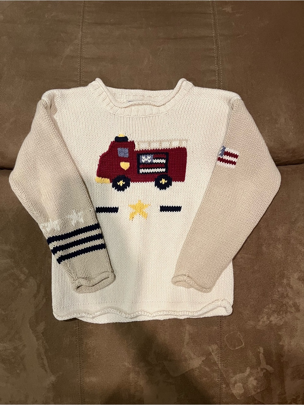 Kids Beige Knit Sweater with Red Fire Truck Motif size L